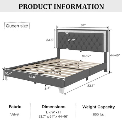 3 Pieces Bedroom Set, Queen Size Upholstered Platform Bed Frame with LED Lights and 2 Nightstands,Farmhouse Bedroom Furniture Set,Gray