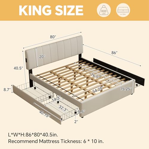 King Size Upholstered Platform Bed with 4 Storage Drawers, view 3