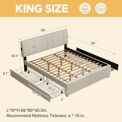 King Size Upholstered Platform Bed with 4 Storage Drawers, view 3