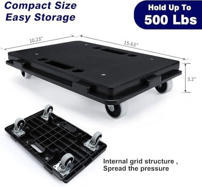 Furniture Dolly, 2 Pack Small Flat Moving Dolly, Furniture Movers with 4 Wheels, 500Lbs Capacity, Connectable and Portable Dollies for Heavy Appliance, Black