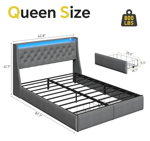 Queen Bed Frame with 2 Storage Drawer, Queen Size Bed Frame, Grey, view 3