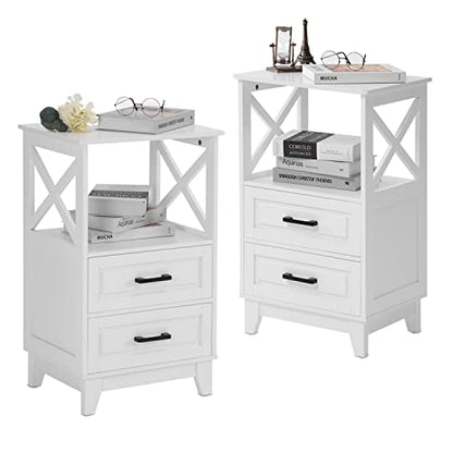White Nightstand with 2 Storage Drawers Cabinet, Tall End Table with Wooden X-Design for Bedroom,Living Room, White