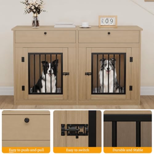 60 Inch Double Dog Crate Furniture with Storage Drawers, view 5