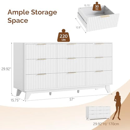 9 Drawer Dresser White Fluted Dresser for Bedroom with Rounded Edges, view 3