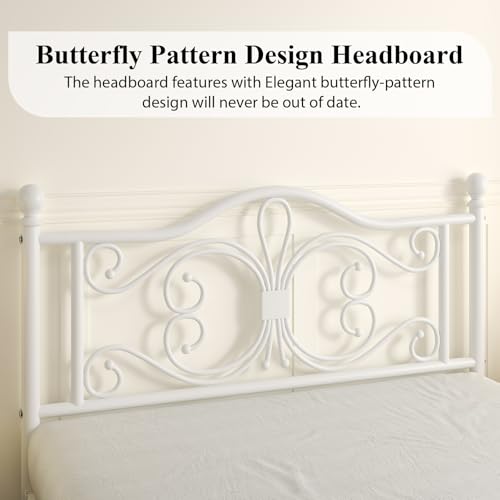 Full Size Bed Frame with Butterfly Pattern Design Headboard, White, view 5