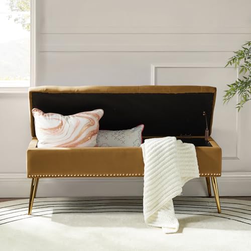 Modern Velvet Storage Ottoman Bench with Gold Base & Nailhead Trim, Upholstered Bedroom Bench for End of Bed, Button-Tufted Footstool for Entryway Living Room Dining Room, Golden