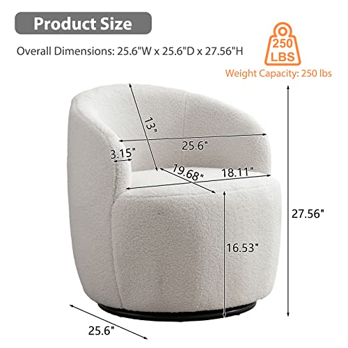 Swivel Barrel Chair, Teddy Sherpa Upholstered Modern Round Accent Arm Chairs, 360 Degree Swivel Small Single Sofa Armchair for Nursery Living Room Bedroom (Teddy, Ivory)