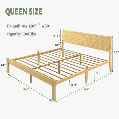 14 Inch Bamboo Queen Bed Frame, Platform Bamboo Wood Bed with Headboard, view 3
