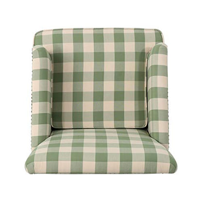 Eve Modern Upholstered Club Chair, Wooden Living Room Accent Chair, Comfy Bedroom Reading Chair, Multifunctional Armchair, Green Checkerboard