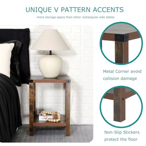 22'' End Table with 2-Tier Storage Shelf, Square Side Table for Small Spaces, Couch Bedside Table, Rustic A-Design Nightstand Sofa for Living Room, Bedroom, Apartment (2,Brown)