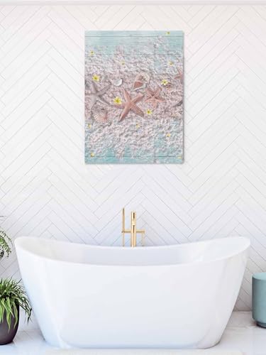 NuYeBiofx Summer Pink Starfish Shell Conch Canvas Wall Art Prints,30"x20" Framed Picture Artwork Seaside Wood Plank Printed Canvas Oil Painting for Living Room Bedroom Office,Ready to Hang