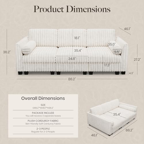 Plush Corduory Sectional Sleeper Sofa with Wide Deep Seat Modular Sectional Cloud Couches for Living Room. Beige Couch