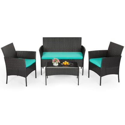 | 4-Piece Patio Furniture Set | Blue | Outdoor Wicker Furniture with Coffee Table | Modern Rattan Chairs Conversation Set | Outdoor Seating | Weather-Resistant | for Porch, Garden, Lawn
