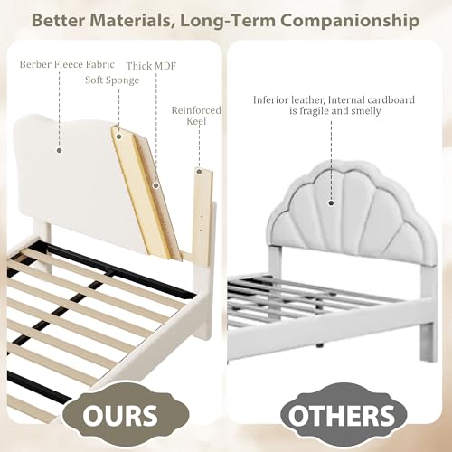 Upholstered Full Size Bed Frame for Kids with Scallop Headboard, Cute Velvet Full Bed for Girls, Boys, Sturdy Platform Bed, No Box Spring Needed, Wooden Slats, Noise Free, Beige