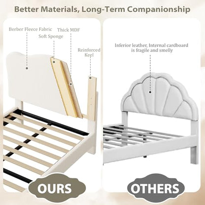 Upholstered Full Size Bed Frame for Kids with Scallop Headboard, Cute Velvet Full Bed for Girls, Boys, Sturdy Platform Bed, No Box Spring Needed, Wooden Slats, Noise Free, Beige