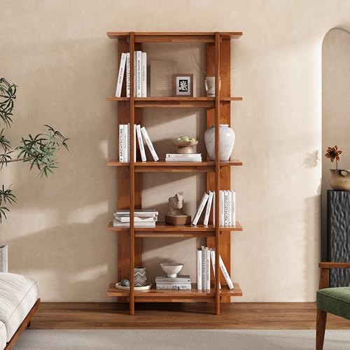 4 Shelf Narrow Teak Bookcase H-70 L-33 Acacia Wood Open Bookshelf, view 2