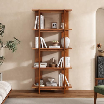 4 Shelf Narrow Teak Bookcase H-70 L-33 Acacia Wood Open Bookshelf, view 2