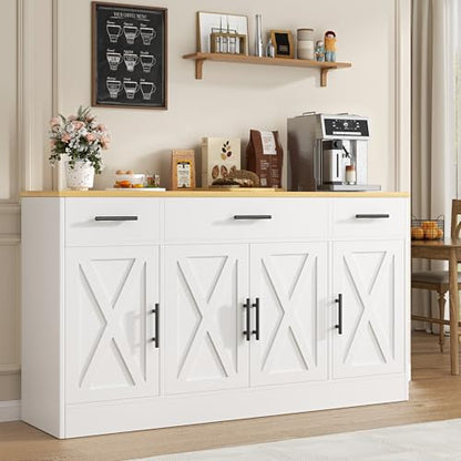 Buffet Cabinet with Storage, Farmhouse Coffee Bar Cabinet with Drawers, 53” Large Modern Sideboard Buffet with Adjustable Shelves for Kitchen, Dining Room, White