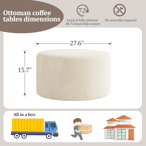 Round Ottoman,Corduroy Ottomans Foot Stool, 27.5" Pouf Footstool Ottomans Seat, Round Footrest, Modern Side Table for Living Room Bedroom Home Decor No Assembly Require (Beige, 27.5")