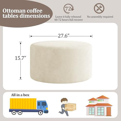 Round Ottoman,Corduroy Ottomans Foot Stool, 27.5" Pouf Footstool Ottomans Seat, Round Footrest, Modern Side Table for Living Room Bedroom Home Decor No Assembly Require (Beige, 27.5")