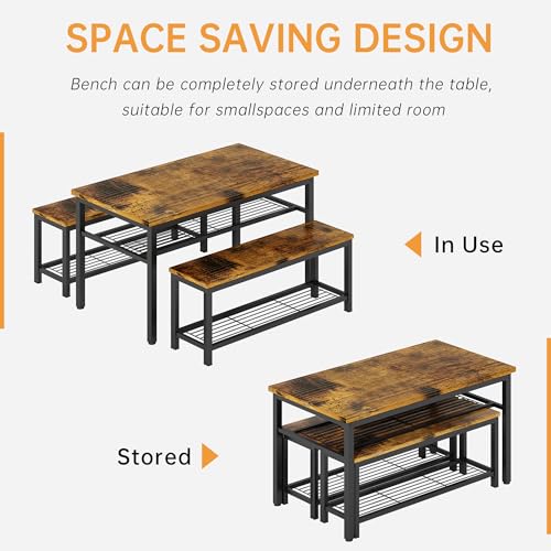 3-Piece Dining Table Set, Industrial Kitchen Table and Chairs Set for 4, Dining Table and 2 Benches with Storage Shelf, Dining Table Set for Dining Room Kitchen, Rustic Brown