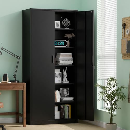 Metal Garage Storage Cabinet with 2 Doors and 5 Adjustable Shelves, 71" Tall Steel Lockable File Cabinet, Locking Tool Cabinets for Home Office Garage Gym School (Black)