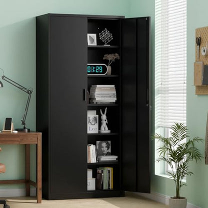 Metal Garage Storage Cabinet with 2 Doors and 5 Adjustable Shelves, 71" Tall Steel Lockable File Cabinet, Locking Tool Cabinets for Home Office Garage Gym School (Black)