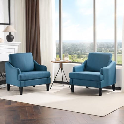 Linen Fabric Accent Chairs Set of 2, Navy Blue Modern Upholstered Armchair, Comfy Sofa Chair Living Room Bedroom Furniture for Apartment