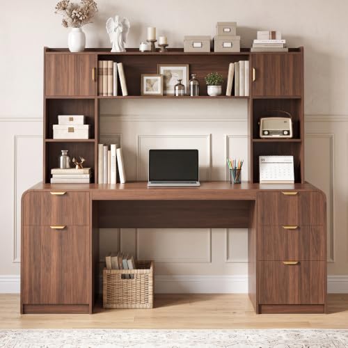 63" Office Desk with Hutch Storage, Computer Desk with 4 Drawers, Walnut, view 4