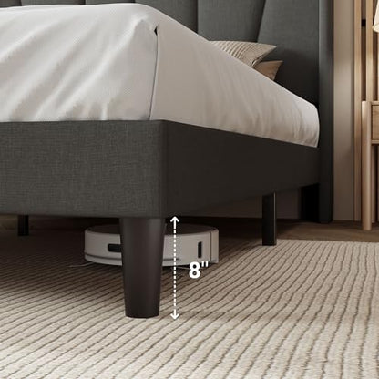 Queen Size Platform Bed Frame with Upholstered Headboard, Dark Grey, view 6
