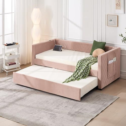 Twin Size Upholstered Daybed with Trundle,USB Port,Side Pockets, V Grained backrest Design,No Box Spring Needed, for Bedroom, Guest Room (Pink, Twin)