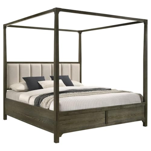 Queen Canopy Bed, Dark Cocoa Finish, Solid Hardwood and Ash Veneer, Upholstered Beige Headboard with Vertical Channeling, Transitional Design, 80.25" H x 63" W x 87" D, Bedroom Furniture