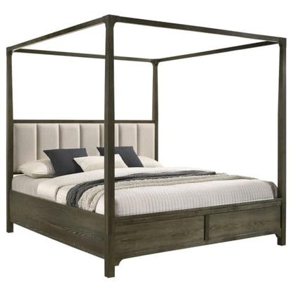 Queen Canopy Bed, Dark Cocoa Finish, Solid Hardwood and Ash Veneer, Upholstered Beige Headboard with Vertical Channeling, Transitional Design, 80.25" H x 63" W x 87" D, Bedroom Furniture