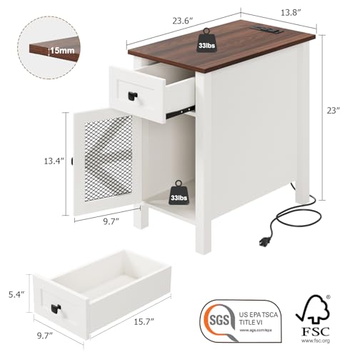 Farmhouse End Table with Charging Station, Narrow Side Tables with Storage | Modern Wooden Nightstand with Power Outlets&USB Ports,White Bedsid Table for Living Room,Bedroom,Metal Grille Door