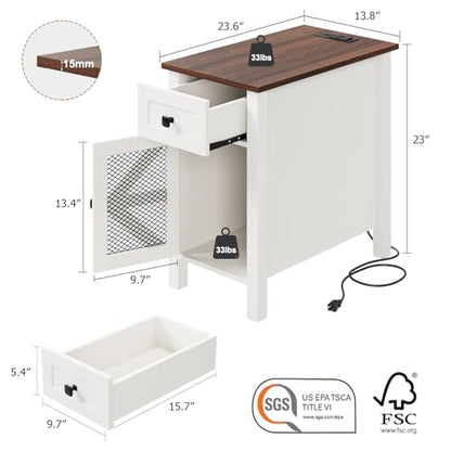 Farmhouse End Table with Charging Station, Narrow Side Tables with Storage | Modern Wooden Nightstand with Power Outlets&USB Ports,White Bedsid Table for Living Room,Bedroom,Metal Grille Door
