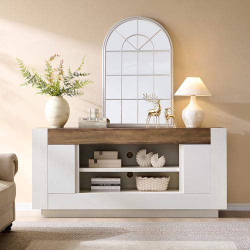 Modern 70" TV Stand, Entertainment Center for TVs Up to 80", Media Console with Large Open Storage & Side Cabinets, Thick Wood Design for Living Room, Antique White