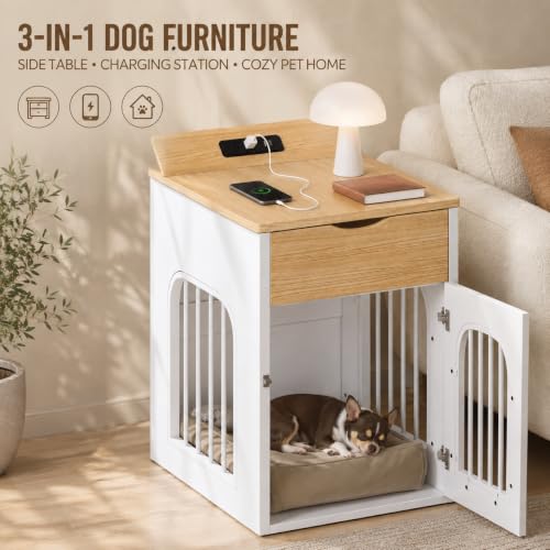 Dog Crate Furniture with Drawer and Charging Station, White, view 4