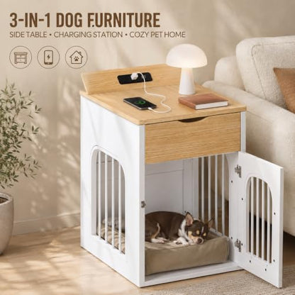 Dog Crate Furniture with Drawer and Charging Station, White, view 4