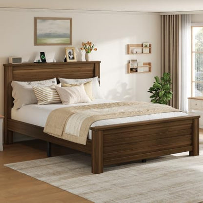 Wooden Platform Full Bed Frame with Charg3 Station, Thick Headboard, Brown, view 2