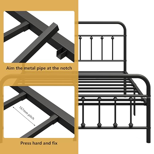 Full Metal Bed Frame with Victorian Headboard & Footboard, Black, view 5