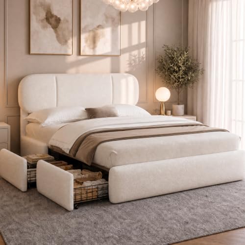 Queen Size Cloud Bed Frame with LED & 4 Drawers, Beige, view 2