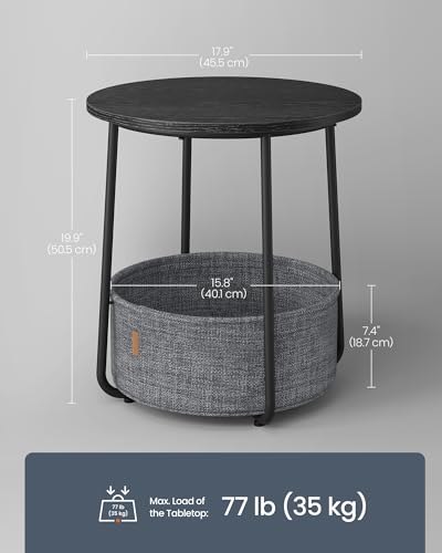 Small Side Table, Round End Table, 2 Tier Nightstand with Basket, U Shaped Steel Legs, Easy Assembly, for Living Room, Bedroom, Black and Gray