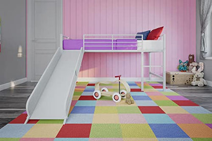Junior Twin Metal Loft Bed with Slide, Multifunctional Design, White with White Slide
