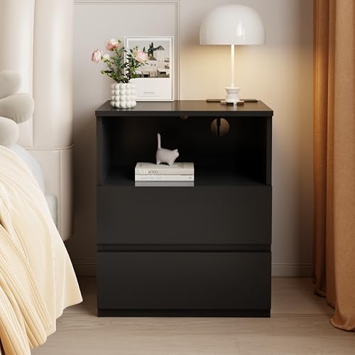 (Set of 2) End Table with Fast USB C Charging Station, Sofa Side Table with 2 Drawers, Large Storage Modern Wood Storage Cabinet for Living Room,Bedroom,Office, Black
