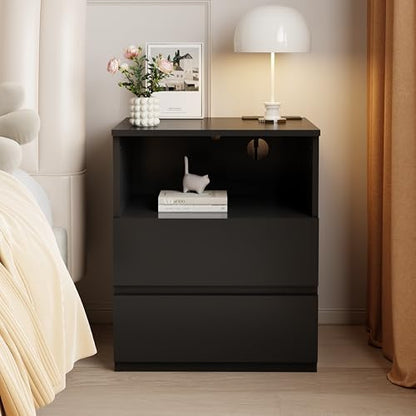 (Set of 2) End Table with Fast USB C Charging Station, Sofa Side Table with 2 Drawers, Large Storage Modern Wood Storage Cabinet for Living Room,Bedroom,Office, Black