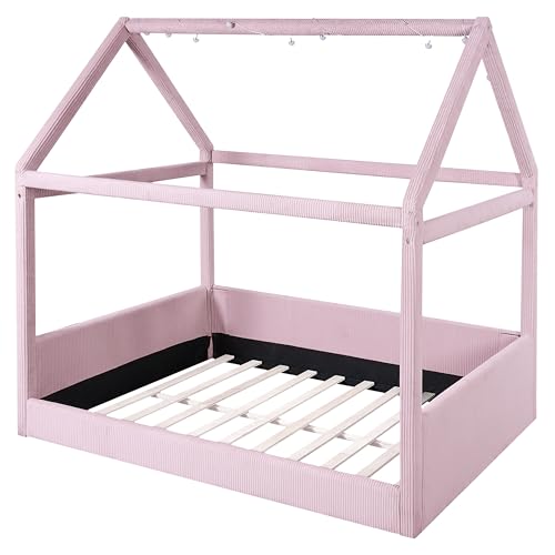 Upholstered Full Size House Daybed with LED Light Strips, Modern Kids Daybed for Bedroom, Guest Room (Pink)