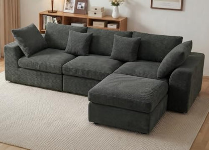 110" Cloud Sectional Couches for Living Room, L-Shaped Convertible Sofa, 3-Seat Modular Boneless Couch with Movable Ottoman, Dark Grey