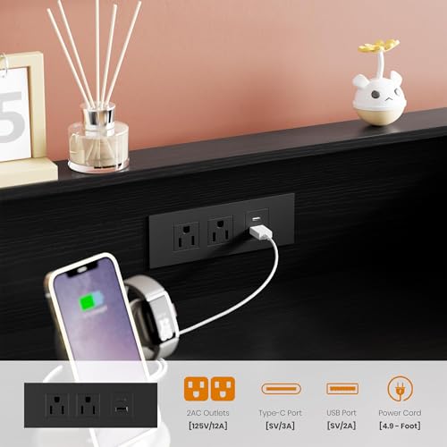 6 Drawer Dresser with LED Light and Charging Station, Black, view 6