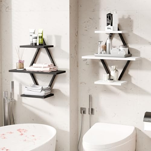 Floating Wall Shelves, Set of 2, Black & White | 3-Tier Hanging, Wall Mounted, Sturdy & Durable, For Bathroom, Living Room, Bedroom, Kitchen, Office