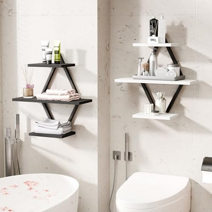 Floating Wall Shelves, Set of 2, Black & White | 3-Tier Hanging, Wall Mounted, Sturdy & Durable, For Bathroom, Living Room, Bedroom, Kitchen, Office
